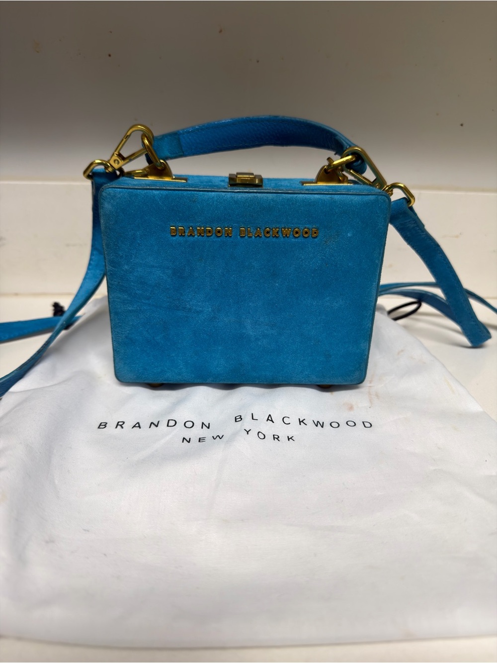 Brandon Blackwood Turquoise Suede Top-Handle Box Bag with Gold Hardware